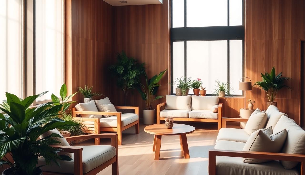 Interior cálido de un CuidadorHub con muebles de madera, sofás de lino y plantas